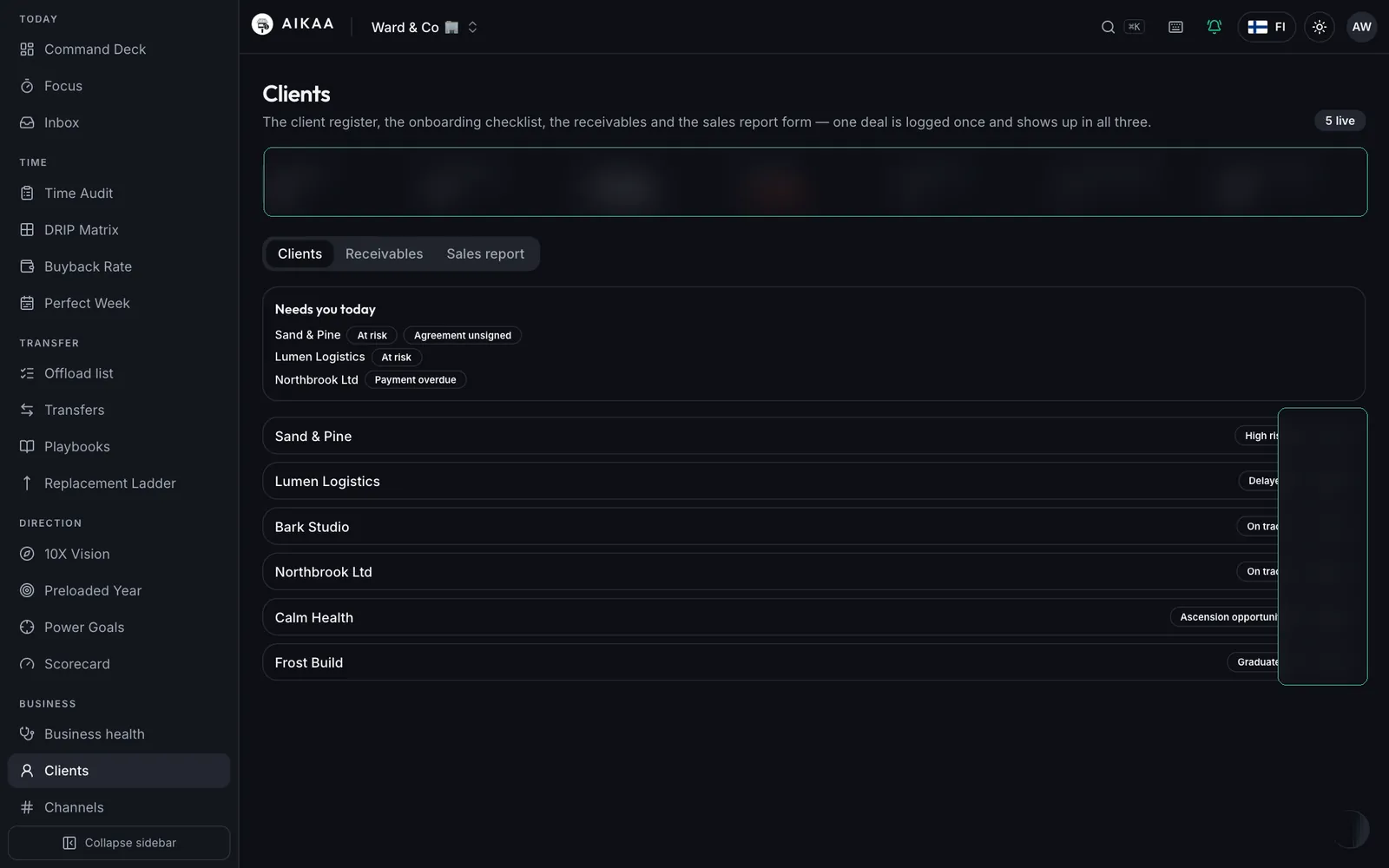 Clients – onboarding, status, instalments and next check-in on one row